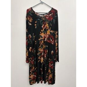 Floral Long-Sleeve Black Midi Dress with Autumn Bloom